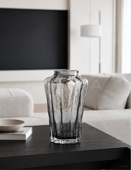 Handmade Ribbed Smoked Glass Vase - scene