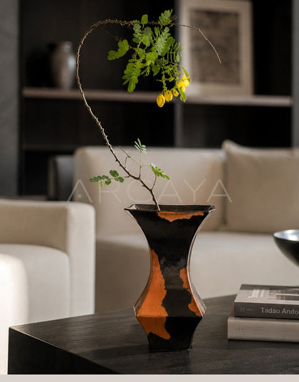 Mid Century Black Brown Kiln Glaze Vase - scene