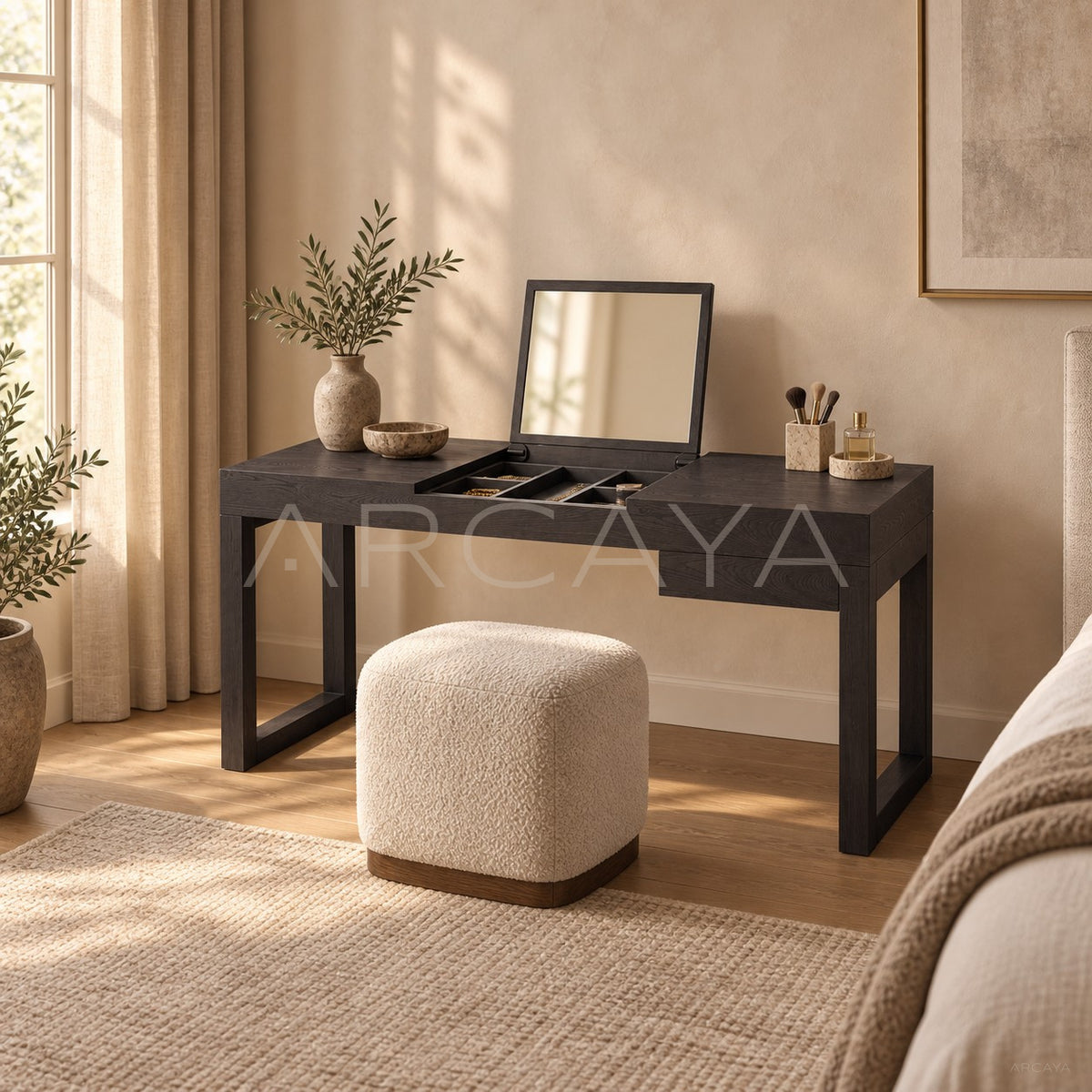 Black Oak Flip Mirror Vanity Desk Cabinet in detail