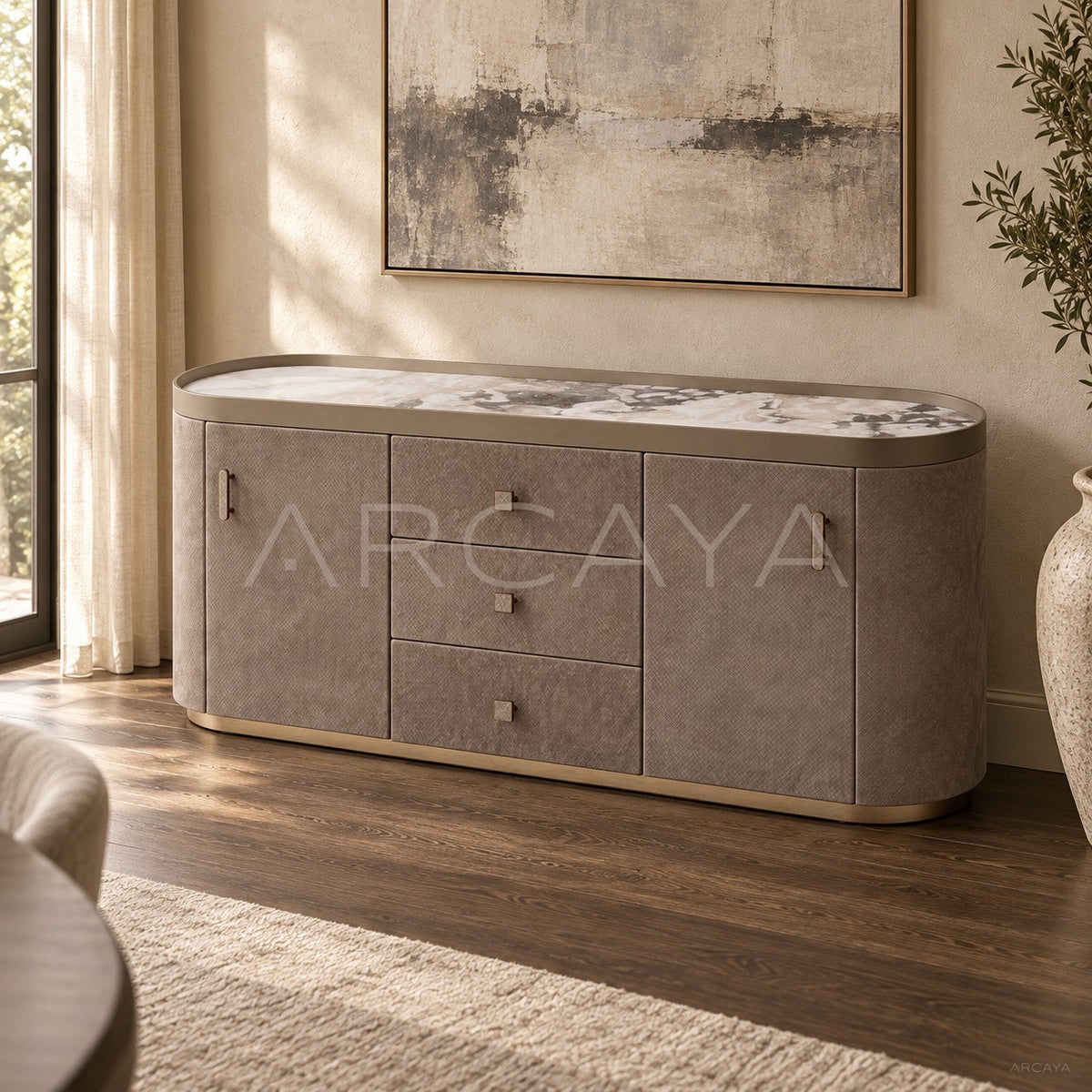 Diamond Velvet Curved Stone Sideboard in detail