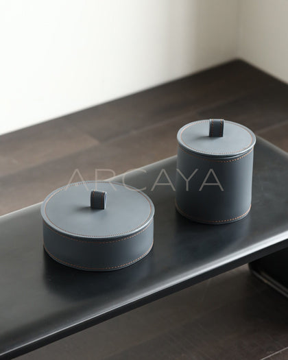 Dark Grey Leather Lidded Storage Jar - scene