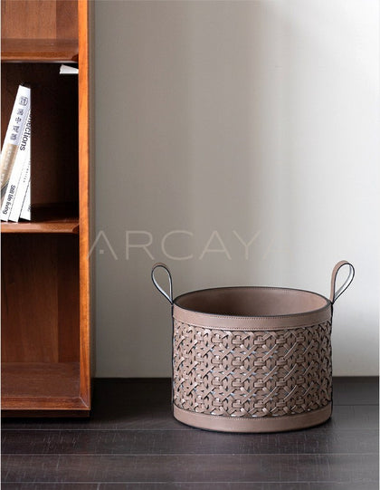 Handwoven Leather Magazine Basket - scene