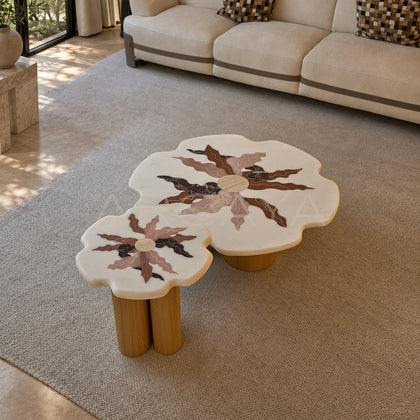 Organic Petal Marble Marquetry Nesting Coffee Table - main