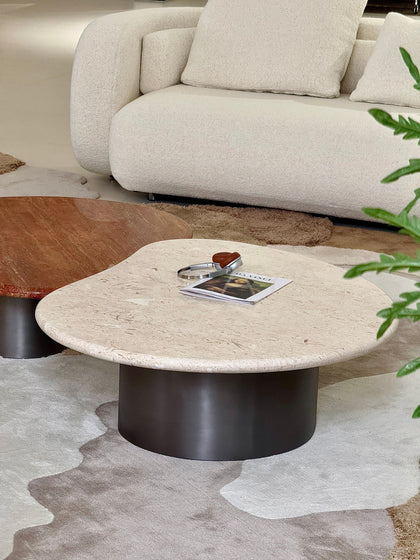 Walnut Travertine Curve Coffee Table - scene