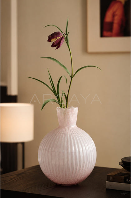 Soft Pink Ribbed Glass Vase - scene