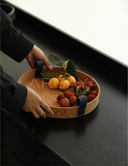 Natural Cork Woven Round Tray With Handle - scene
