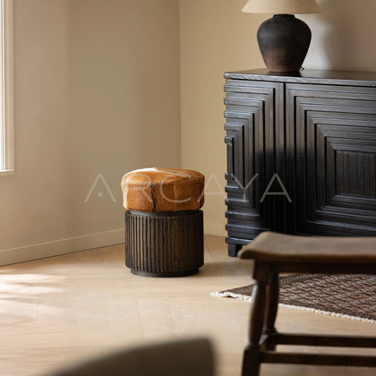 Goat Hide Teak Stool - main