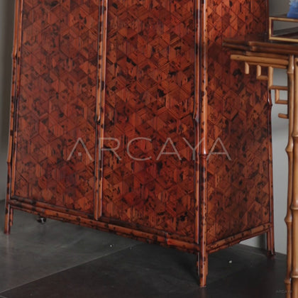 Vermilion Lacquer Marquetry Double Door Tall Cabinet - detail