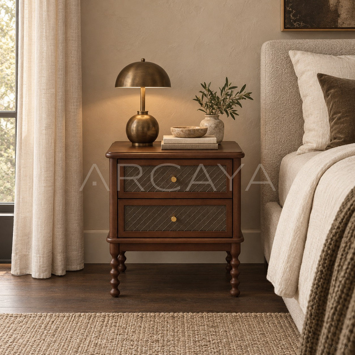 Walnut Mid Century French Nightstand in detail