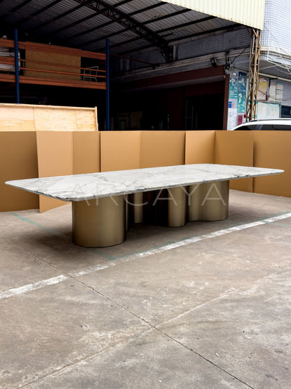 Natural Stone Top Metal Base Dining Table - scene