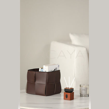 Woven Leather Storage Basket Desktop - scene