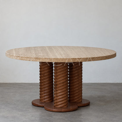 Mid Century Travertine Round Table Wood Legs - main