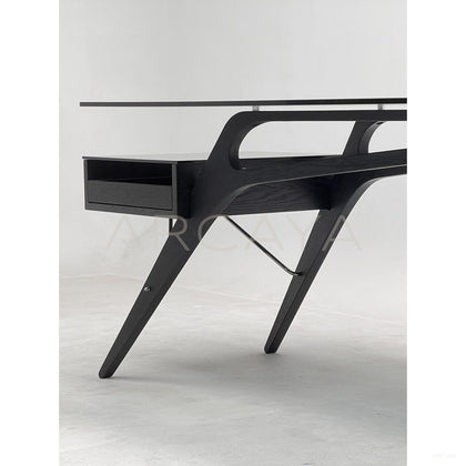 Smoked Wood Wing Frame Glass Multi Drawer Desk - scene