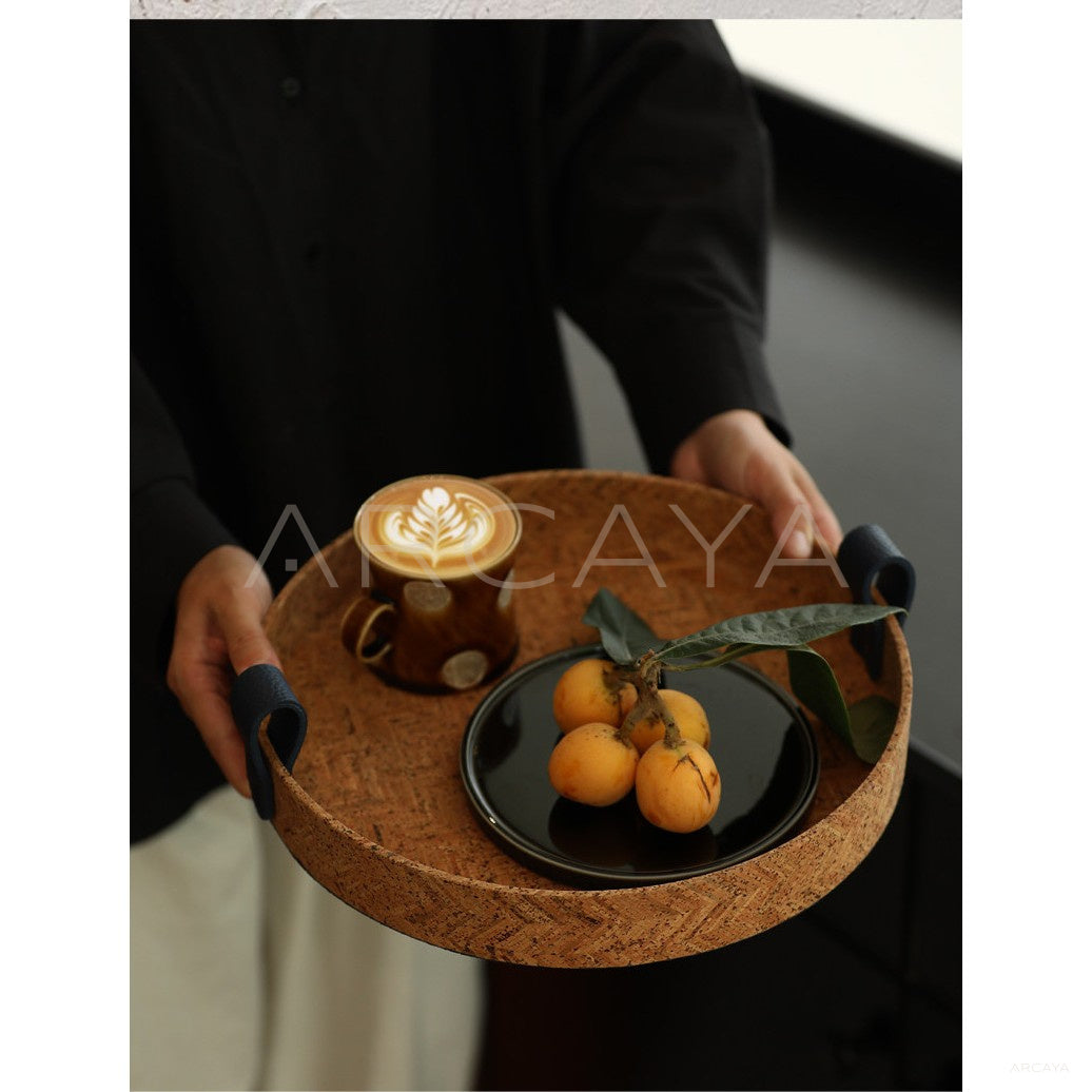 Natural Cork Woven Round Tray With Handle in detail