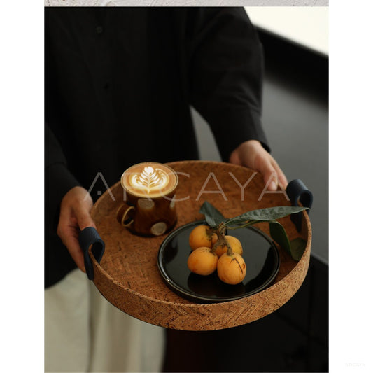 Natural Cork Woven Round Tray With Handle - scene