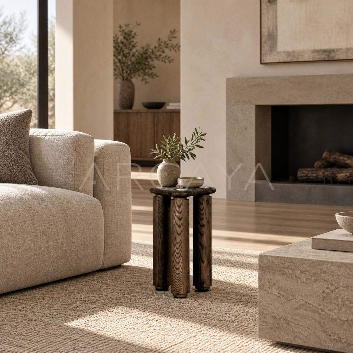 Triangular Solid Wood Marble Side Table in detail
