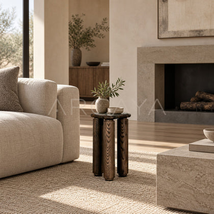 Triangular Solid Wood Marble Side Table - scene