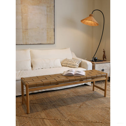 Minimalist Leather Teak Bench - scene