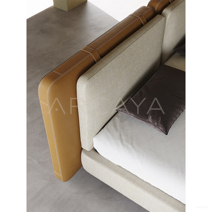 Saddle Leather Linen Wide Headboard Bed - scene