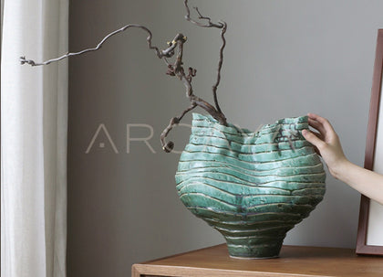 Wabi Sabi Green Rock Texture Ceramic Vase - scene