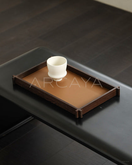 Solid Wood Dark Brown Leather Aroma Tray - scene