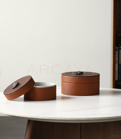 Caramel Brown Leather Round Storage Box - scene