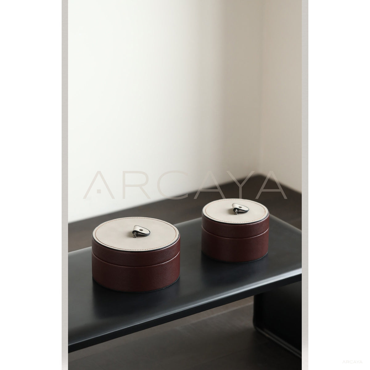 Vintage Brown Leather Storage Box in detail