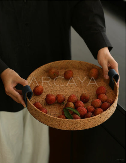 Natural Cork Woven Round Tray With Handle - scene