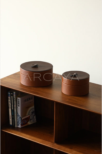 Caramel Brown Leather Round Storage Box - scene