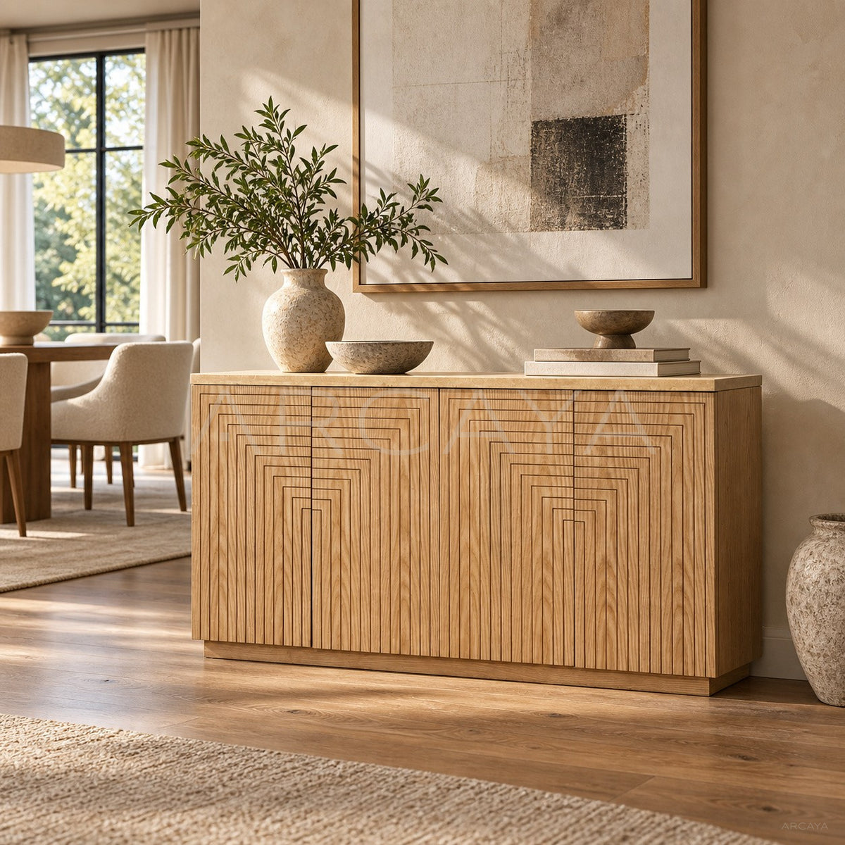 Geometric Wood Entryway Cabinet in detail
