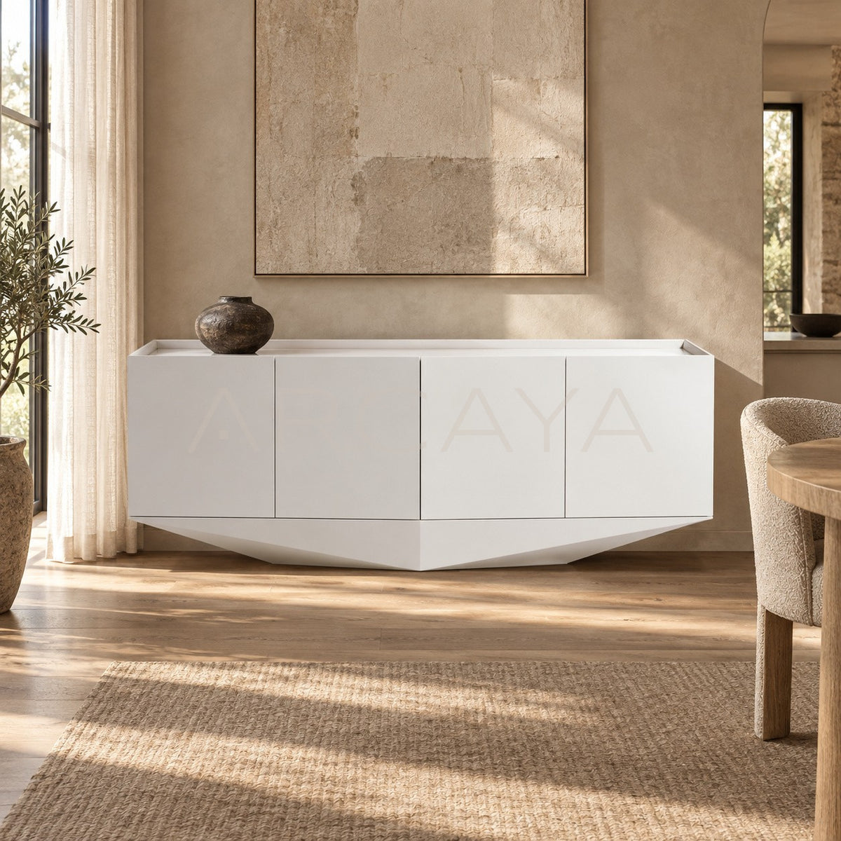 Pure White Matte Pyramid Base Four Door Sideboard in detail