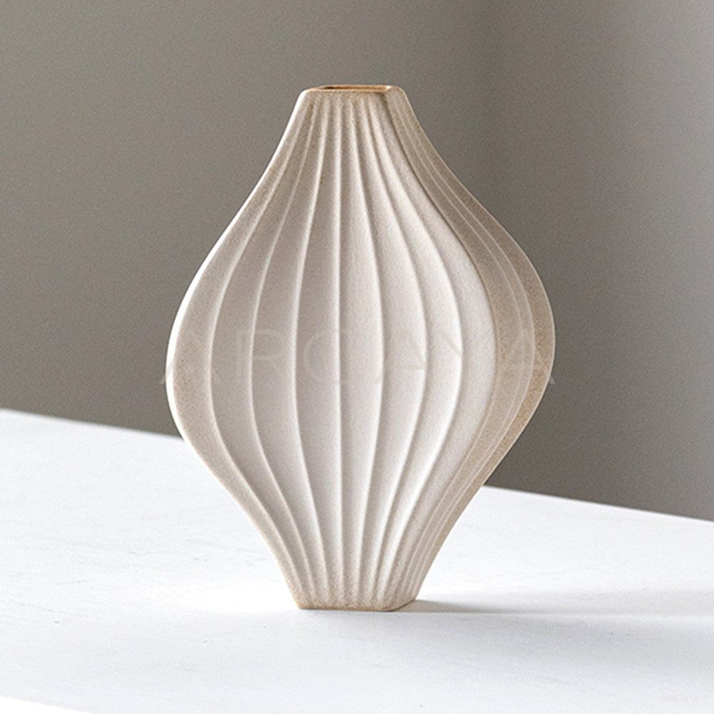 Handmade Ribbed Plain White Ceramic Vase - main