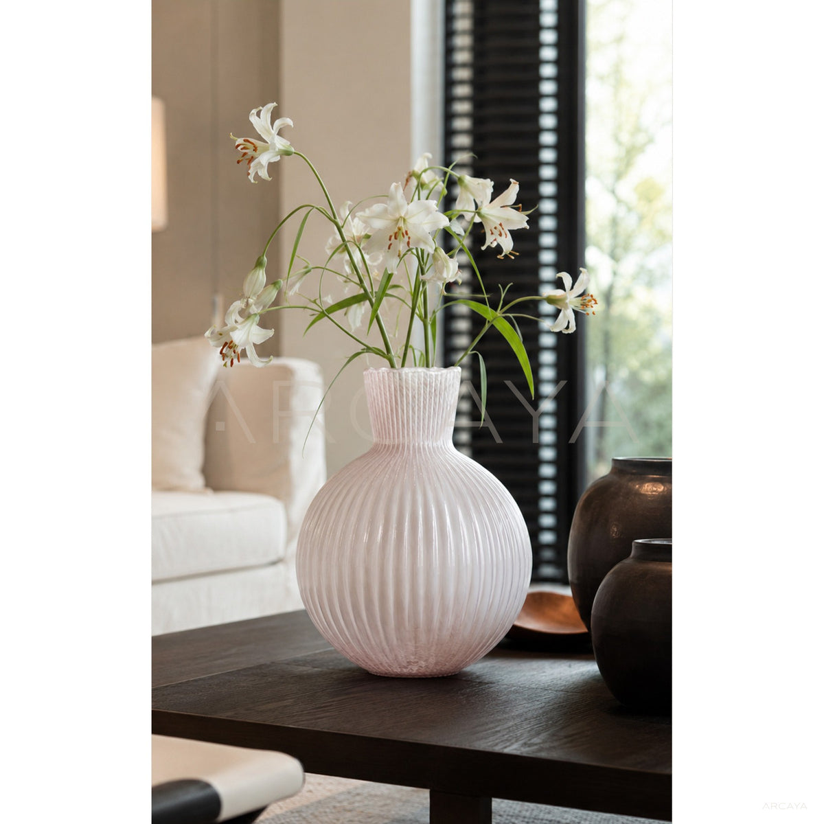 Soft Pink Ribbed Glass Vase in detail