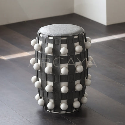 Brown White Textured Art Drum Stool - main