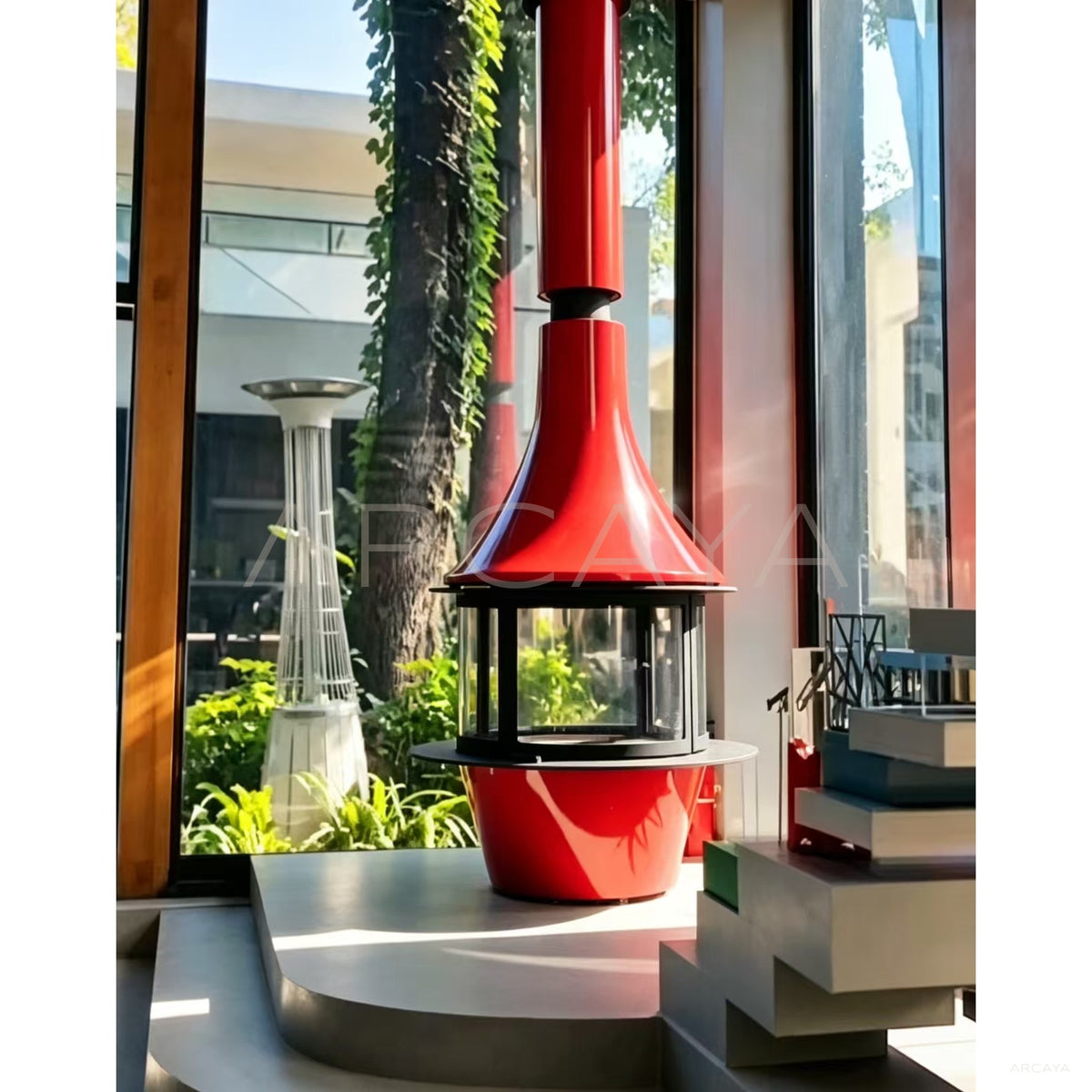 Sculptural Suspended Fireplace in detail
