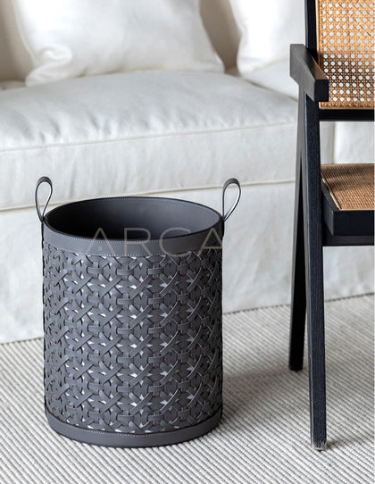 Vintage Handwoven Leather Laundry Hamper - scene