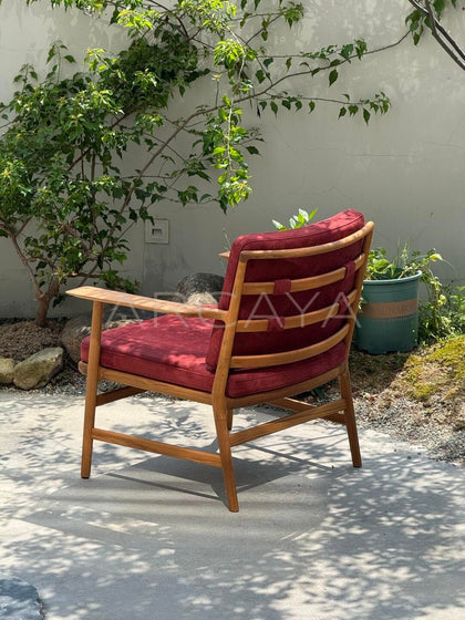Burmese Teak Suede Red Lounge Chair - scene