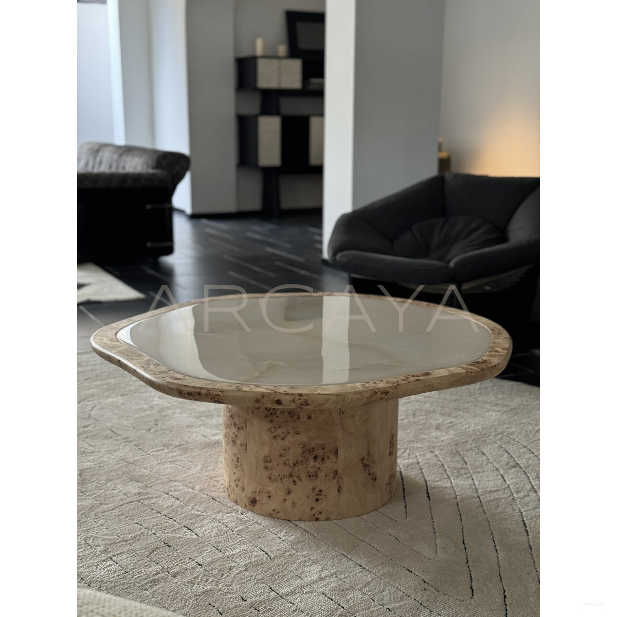 Burl Wood Cloud Marble Side Table in detail