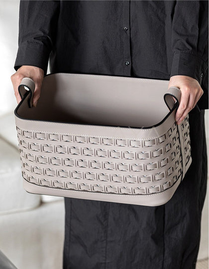 Handwoven Leather Storage Basket With Handles - scene