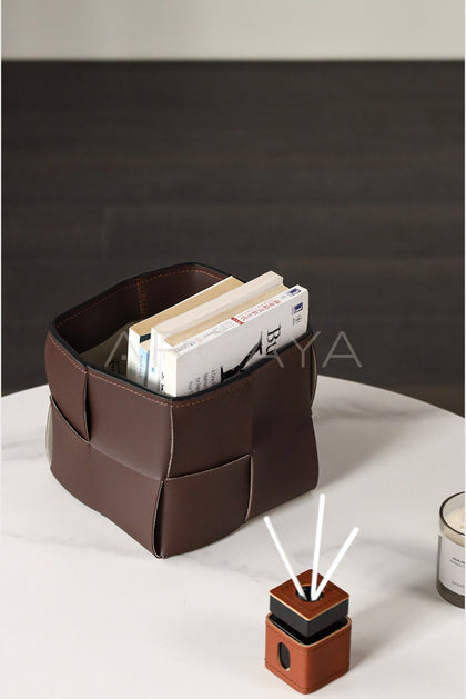 Woven Leather Storage Basket Desktop - scene