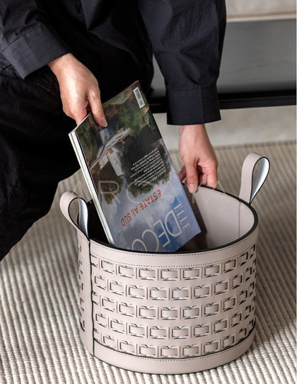 Handwoven Leather Storage Bucket With Handle - scene