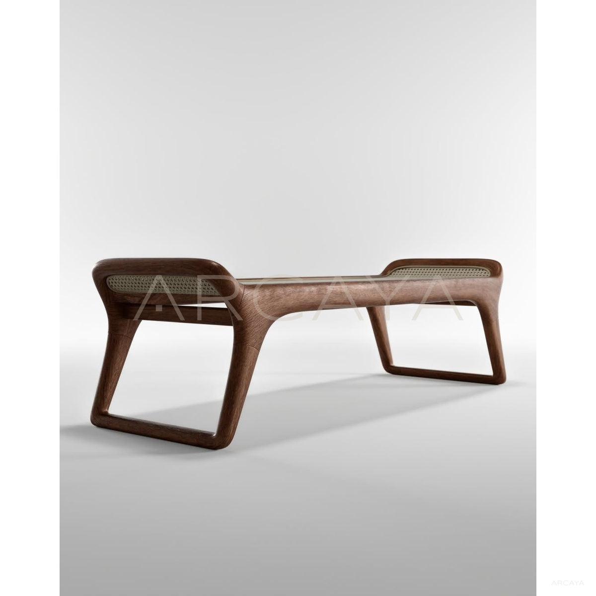 Walnut Rattan Woven Bench in detail