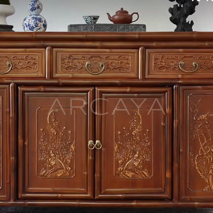 Gold Painted Flower Bird Four Door Sideboard - detail