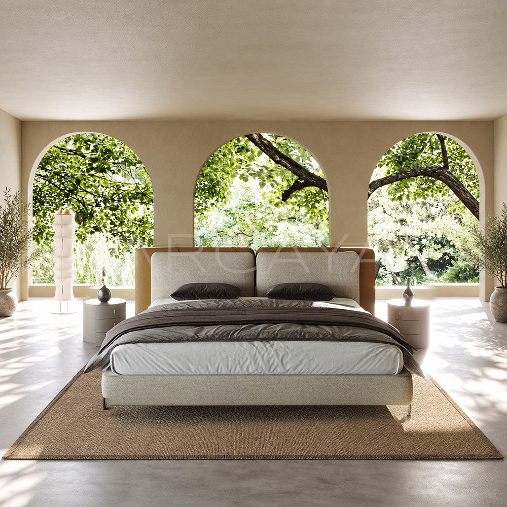 Saddle Leather Linen Wide Headboard Bed - main