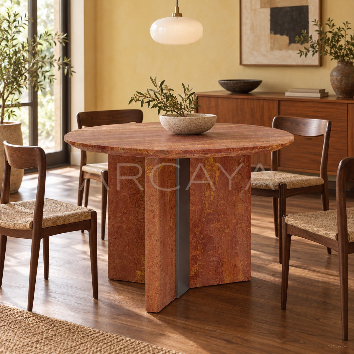 Etched Stone Geometric Dining Table Metal Inlay - main