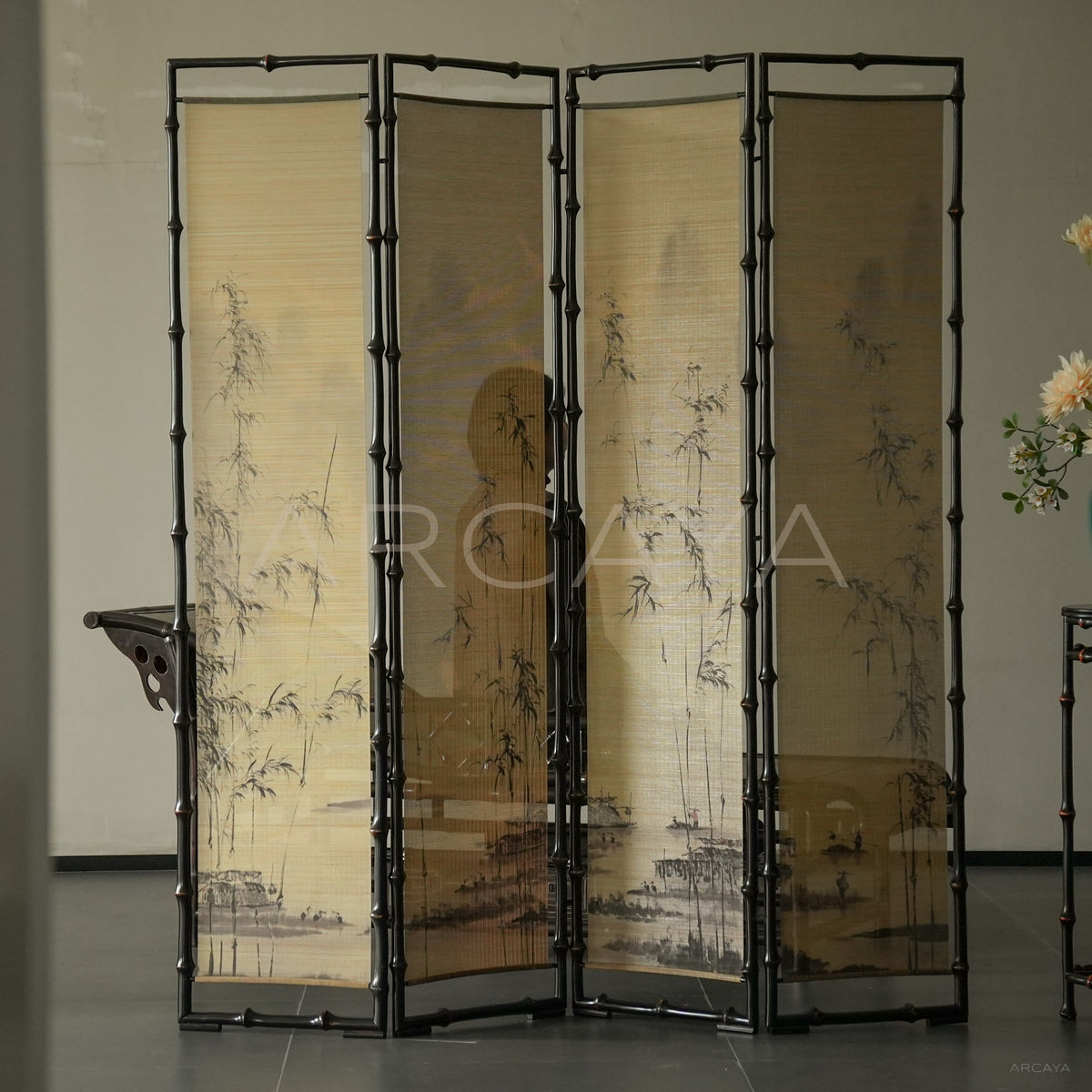 Flying Crane Landscape Four Panel Screen in detail
