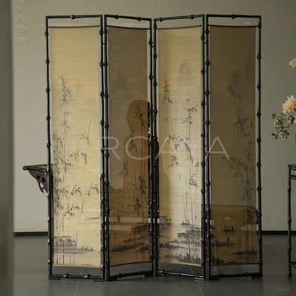 Flying Crane Landscape Four Panel Screen - scene
