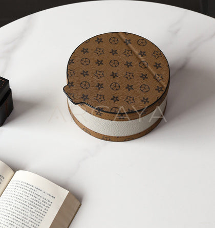Vintage Two Tone Leather Round Storage Box - scene