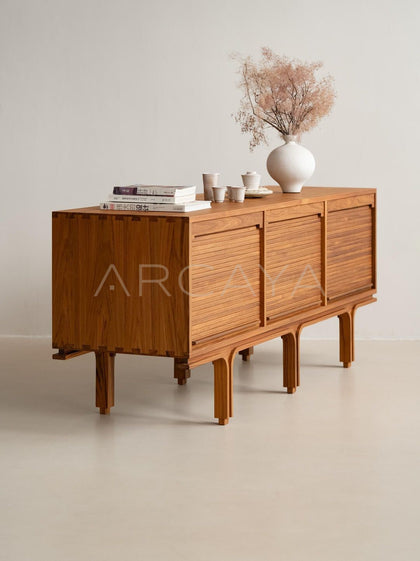 Burmese Teak Mid Century Tambour Cabinet - scene