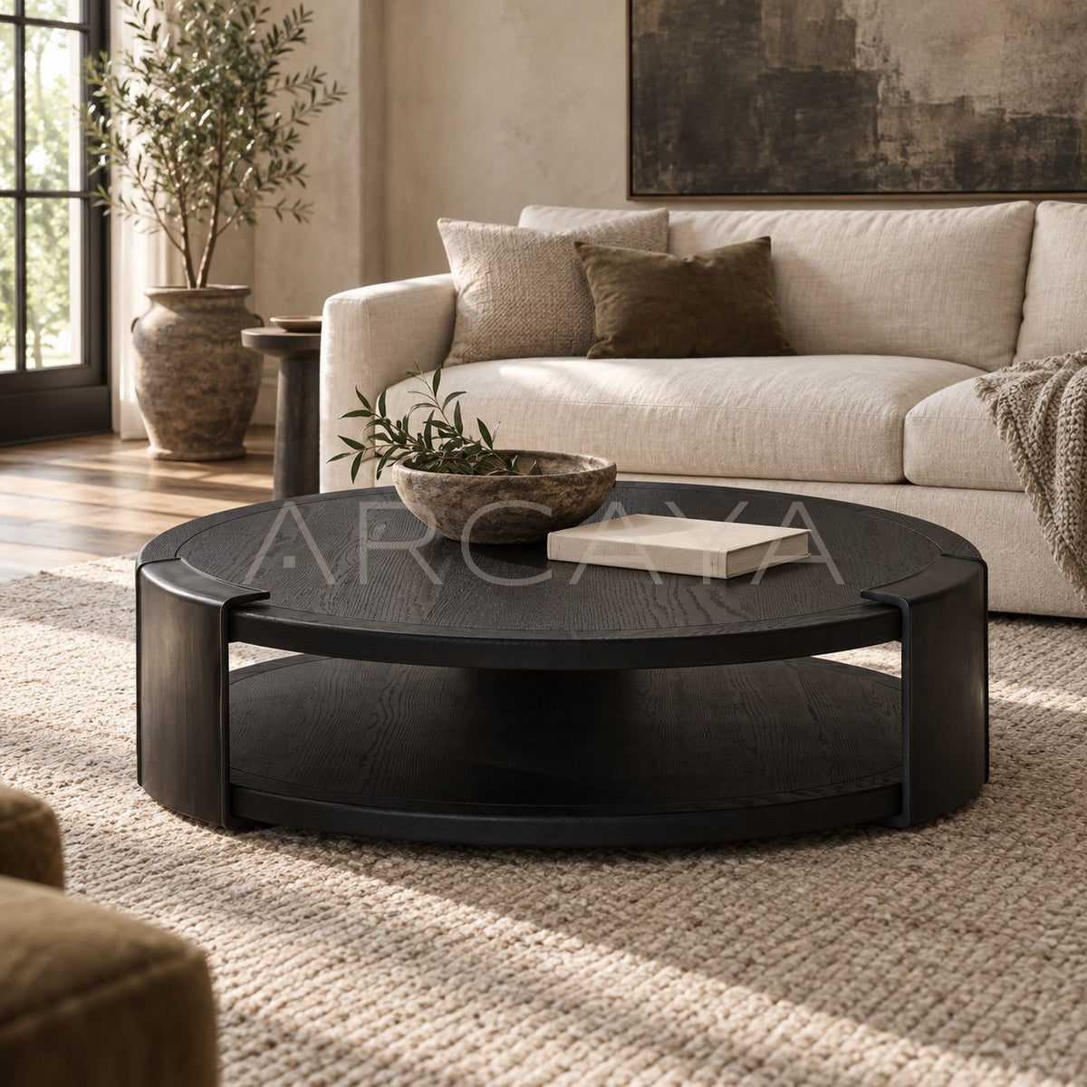 Old Money Brass Oak Round Side Table in detail